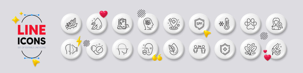 Uv protection, Face scanning and Spf protection line icons. White buttons 3d icons. Pack of Medical shield, Spinach, Hospital icon. Low thermometer, Face id, Hypoallergenic tested pictogram. Vector
