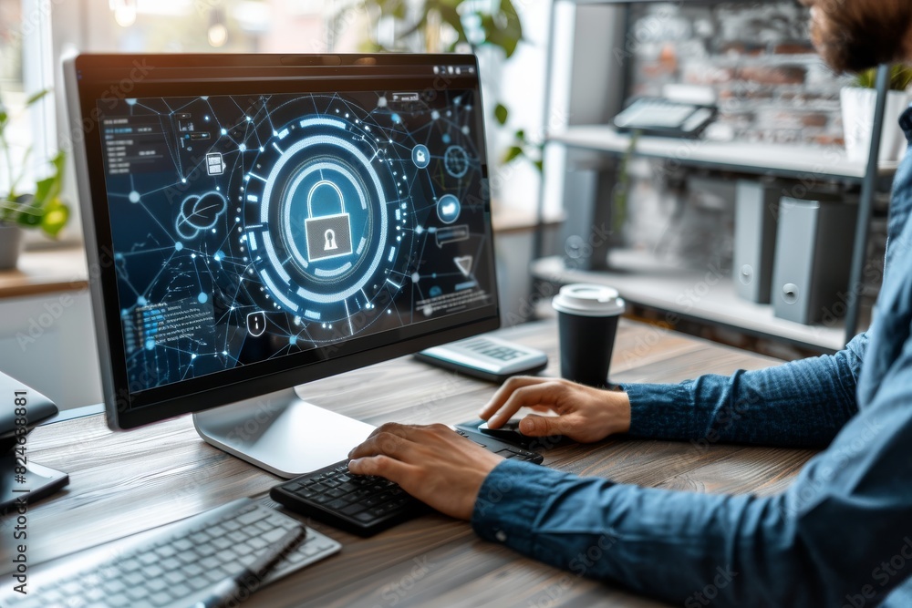 Poster hand securing golden padlock on computer keyboard