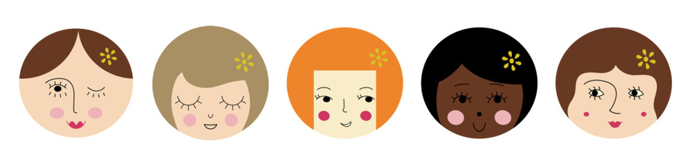 Character collection, pretty girlish faces. Head figures, various mood, woman countenance. Bright colorful composition.