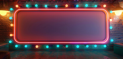 Retro diner style blank billboard mockup, 3D rendered with neon lights and a light border, perfect for themed promotions.