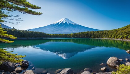 Colorful Autumn Season and Mountain Fuji with morning fog and red leaves at lake Kawaguchiko....