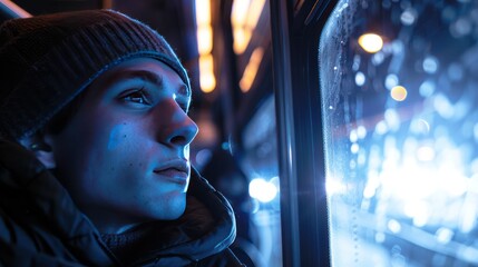 Close up of the face of a man passenger on a public bus