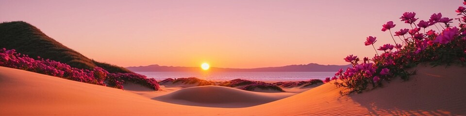 A breathtaking sunset over a desert expansion. Tropical beach at sunset. An empty beach in the rays of the pink sunset sun. Pink flowers grow in the sand.