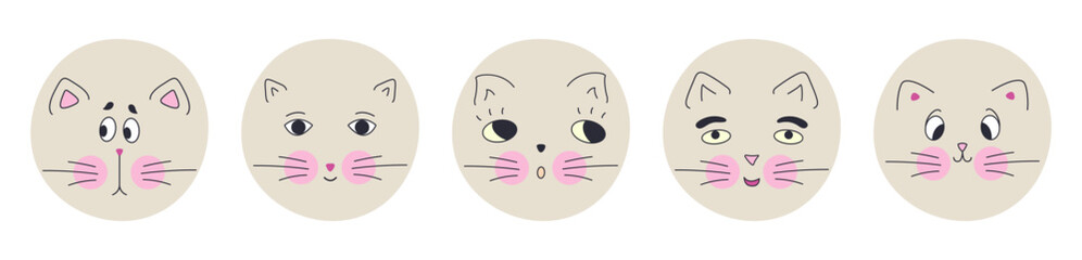 Avatar set, black eyes cats. Expression of emotions, diverse stickers, funny cat clipart. Editable vector illustration.