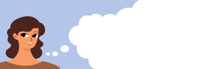 Banner with a talking woman. Cute girlish face. Woman's day concept. Flat vector cartoon design.