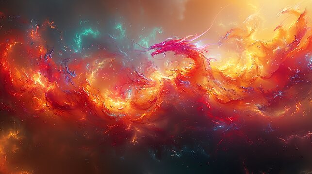 Fiery dragon rising from abstract nebula with swirling smoke.