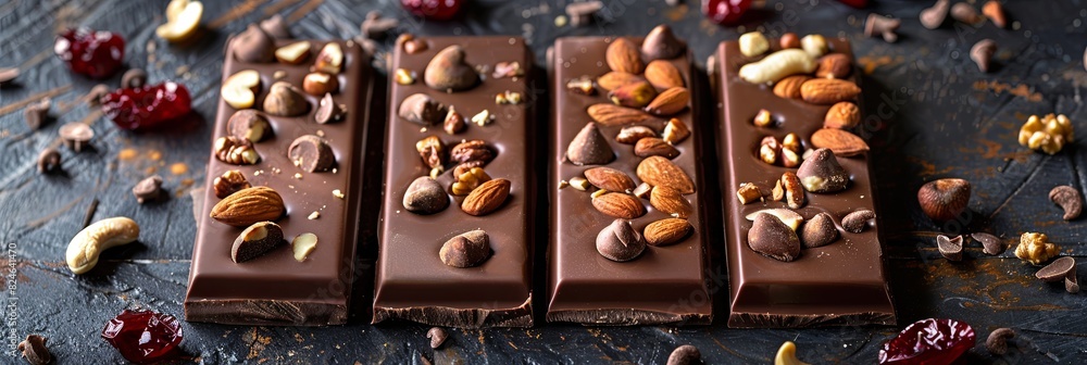 Aufkleber Assorted chocolate bars topped with nuts and cranberries, creating a delicious and appetizing display on a wooden table. Generative AI