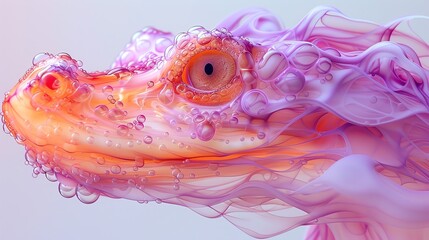 Close-up of a dragon's head with pink and orange scales and a flowing mane.