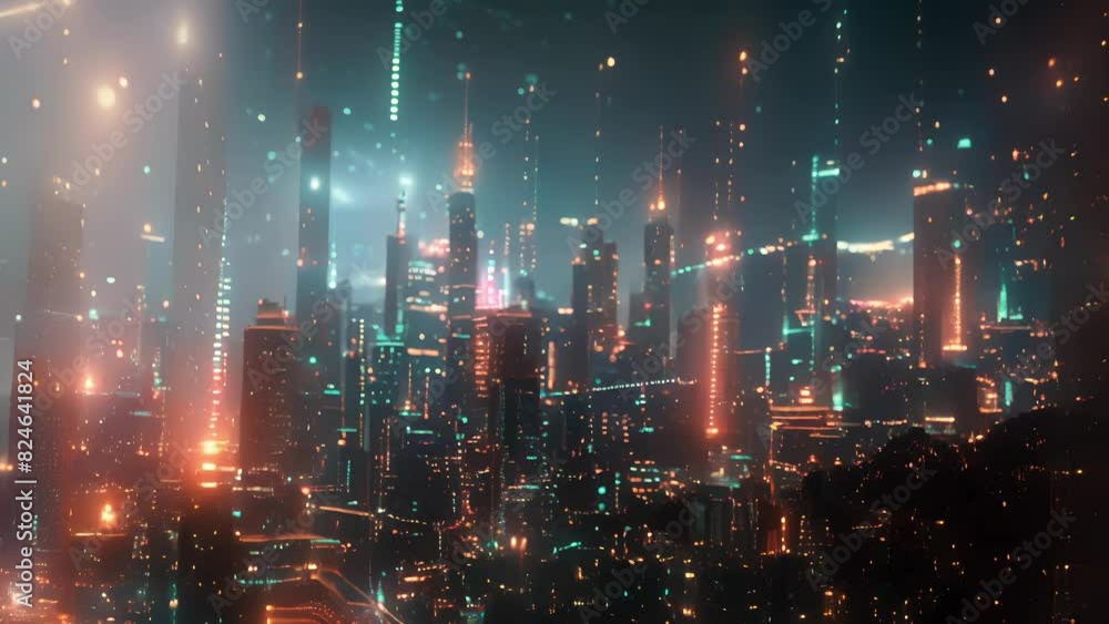 Poster a futuristic cityscape with skysers adorned with colorful flashing brainwave technology..