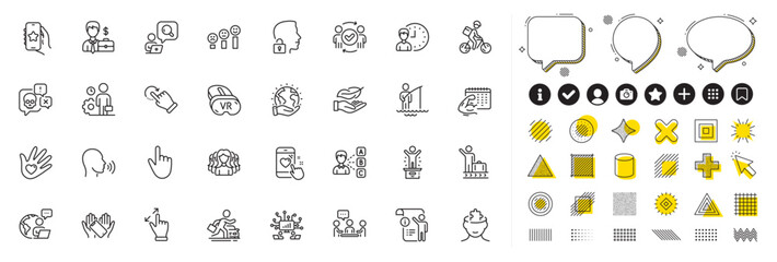 Set of Inspect, Fitness calendar and Touchscreen gesture line icons for web app. Design elements, Social media icons. Employee, Luggage belt, Fisherman icons. Vector