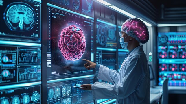 AI in cancer screening, oncologist using AI to detect early signs of cancer, futuristic screening center, advanced imaging tools