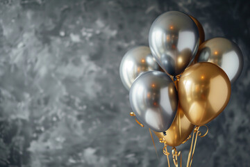 Grey, Silver and gold birthday balloons. Light grey background. Birthday card concept. Copy space.