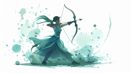 Abstract digital art of a female archer in action, drawing her bow with expressive splashes of color.