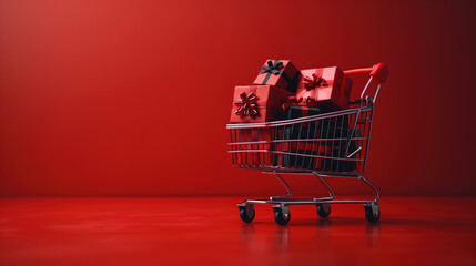 Shopping Cart Filled With Presents on Red Background