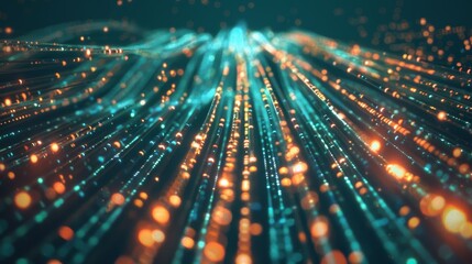 Obraz premium Abstract digital data stream with vibrant bokeh lights, representing futuristic technology, networks, and information flow.