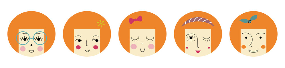 Various personages, pretty girlish faces. Emoji icons, diverse impressions, woman countenance. Design for stationery, branding.