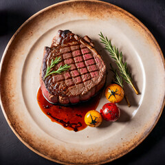 Grilled beef steak with assorted vegetables on a plate, served with savory sauce