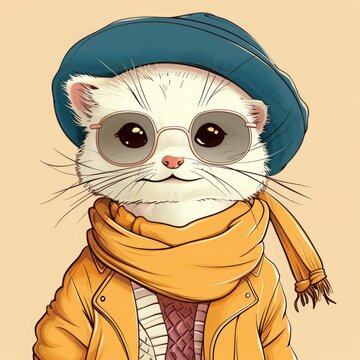 A cute ferret wearing a blue beret, yellow scarf, and brown jacket.