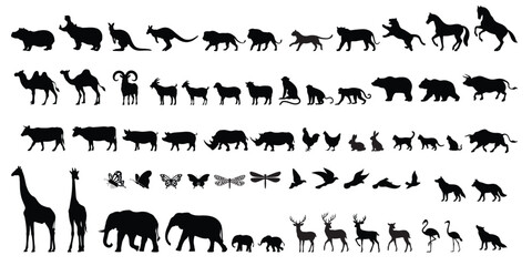 Animal silhouettes. Includes images of various types of wild animals on a white background. Vector illustration. - Powered by Adobe