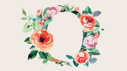 Letter o alphabet with watercolor flowers roses and l