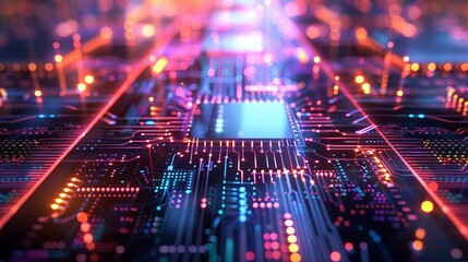 Obraz premium Close-up of futuristic circuit board with vibrant glowing patterns, representing AI technology and advanced electronic components.