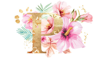Letter P decorated watercolor painting flowers and le