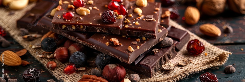 Poster Detailed view of stacked chocolate bars with a variety of nuts and dried fruits, creating a rich and appetizing display. Generative AI