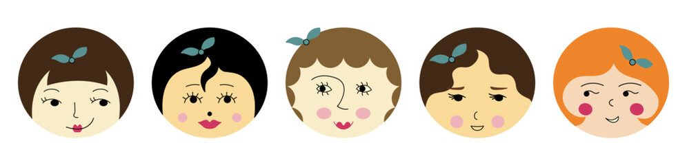 Personage collection, pleasant girlish faces. Cartoon faces, diverse feelings, woman portrait. Creative giggly design.