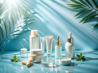 
Set of unbranded cosmetic products on geometric platforms. Cosmetics for skin care with leaf on pastel blue background. 3d render illustration.