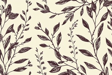 Fototapeta premium A seamless pattern of hand-drawn leaves and branches in a vintage style. The pattern is ideal for fabric, wallpaper, and home decor.