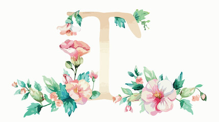 Letter t floral monogram initial with watercolor flower