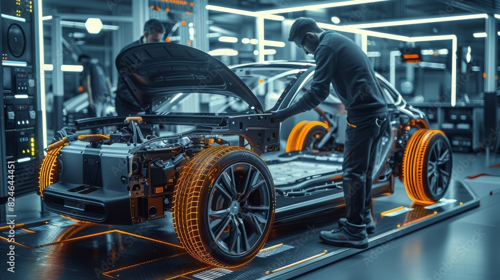 Poster automotive engineers working on electric car chassis platform, taking measures, working with 3d cad 