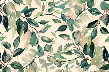 Create a seamless watercolor pattern with a variety of leaves in muted green and blue tones on a beige background.