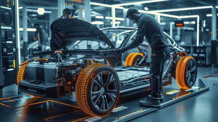 Automotive Engineers Working on Electric Car Chassis Platform, Taking Measures, working with 3D CAD Software, Analysing Efficiency. Vehicle Frame with Wheels, Engine and Battery. Generative AI.