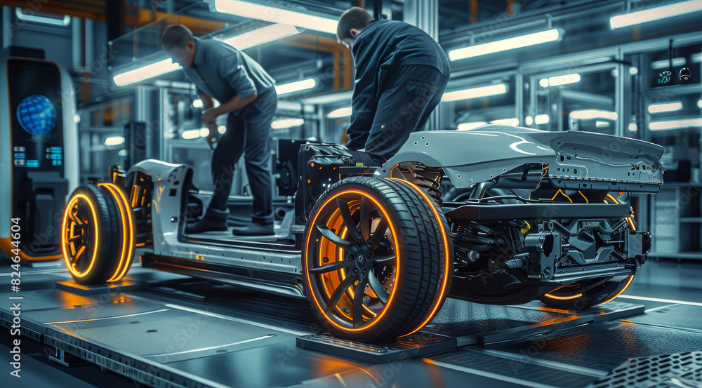 Poster automotive engineers working on electric car chassis platform, taking measures, working with 3d cad 