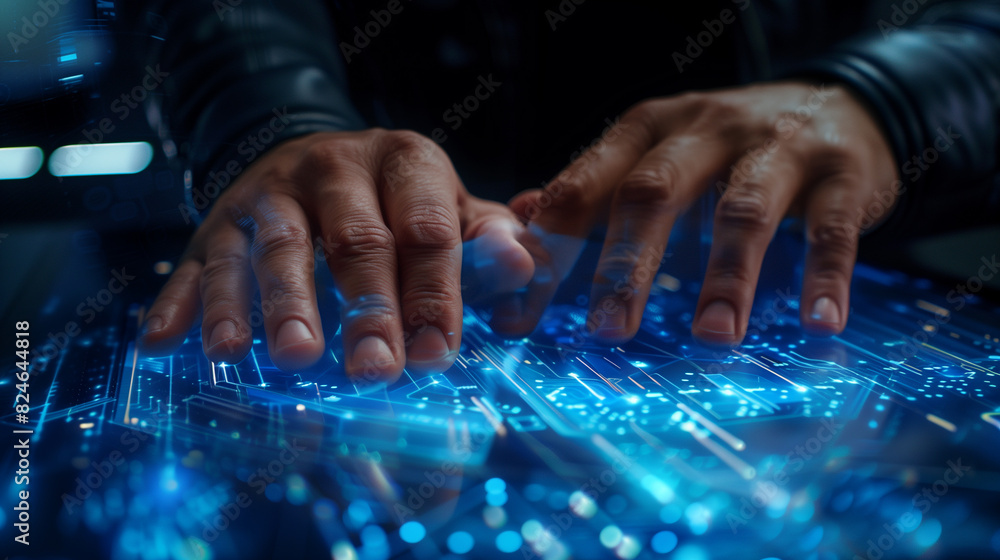 Poster a hand is touching a computer screen with a lot of glowing lights. concept of technology and innovat