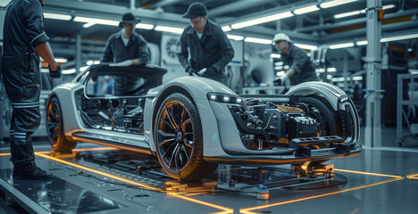 Fototapeta premium Automotive Engineers Working on Electric Car Chassis Platform, Taking Measures, working with 3D CAD Software, Analysing Efficiency. Vehicle Frame with Wheels, Engine and Battery. Generative AI.