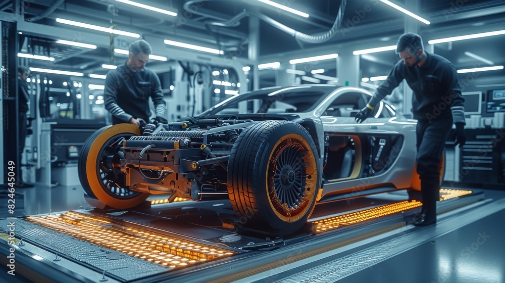 Poster automotive engineers working on electric car chassis platform, taking measures, working with 3d cad 