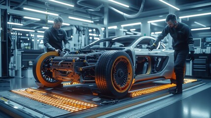 Automotive Engineers Working on Electric Car Chassis Platform, Taking Measures, working with 3D CAD Software, Analysing Efficiency. Vehicle Frame with Wheels, Engine and Battery. Generative AI.