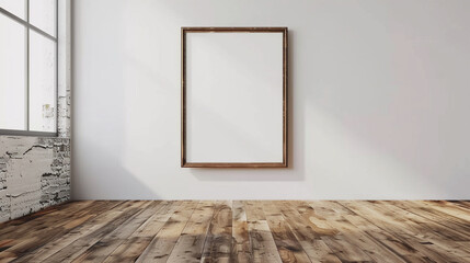 Ultra HD 3D rendered mockup of a blank frame in a room with a white wall and an engineered wood floor. Modern, high-quality image.