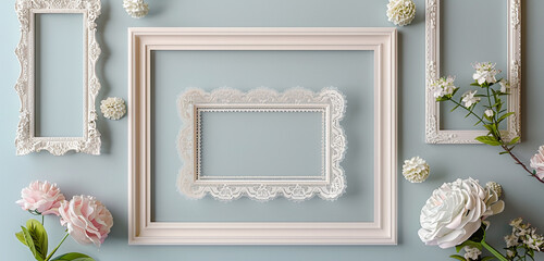 Romantic interior featuring delicate frame mockups with lace borders, ideal for enhancing feminine decor themes.