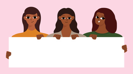 Banner with black women. Different girlish face. Woman's day concept. Flat vector cartoon design.