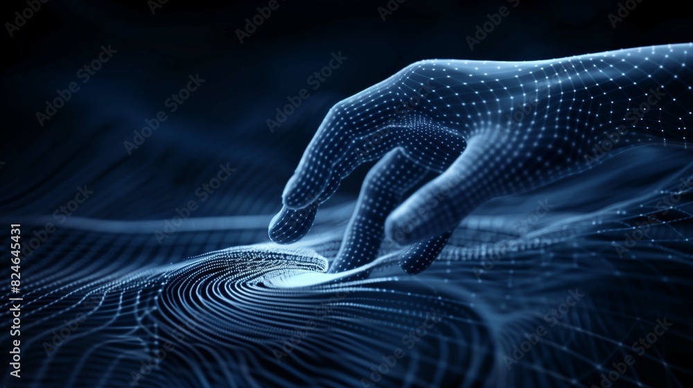 Poster hand interacts with digital mesh landscape closeup image. creating waves across virtual network clos