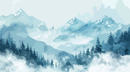Mountains scenery watercolor background. Hand paintin