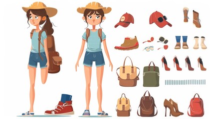 The Tourist Woman Creation Kit consists of different body parts, poses, face emotions, gestures, and travel accessories. Cartoon character of young traveling girl. Modern illustration.