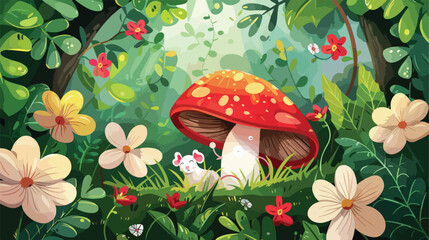 Mouse under Mushroom with Leaves and Flowers at Fores