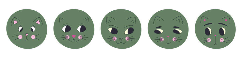 Different personages, black eyes cats. Emoji character, variety of moods, rounded cat muzzle. Creative flat vector illustration.