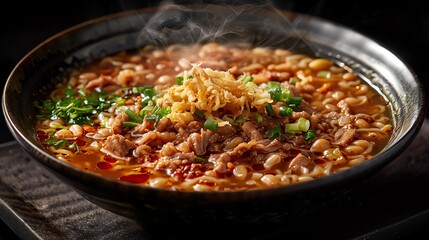 Fototapeta premium A steaming bowl of delicious ramen topped with meat, green onions, and crispy fried onions, perfect for a hearty meal.