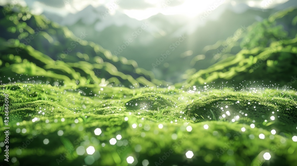 Aufkleber 3D render of a green grassy field on a bright, sunny day with soft lighting. Moss covered hills in the close up view with a depth of field and bokeh effect. Generative AI.