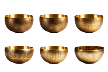 The Golden Symphony: A Collection of Six Glittering Bowls on a White or Clear Surface PNG Transparent Background.